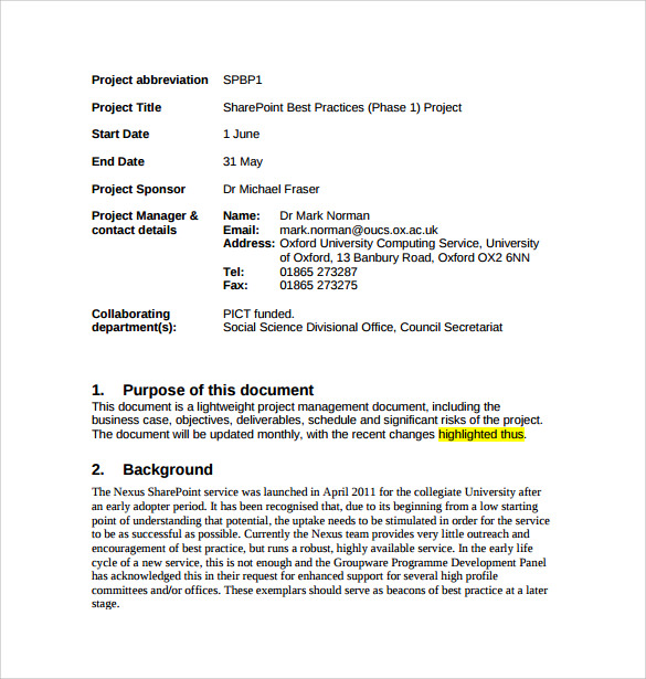 sharepoint project brief example
