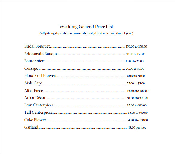 Wedding Price List Template Free