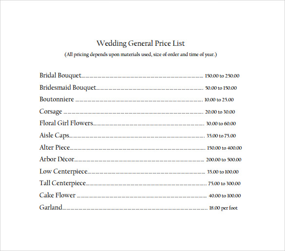  Wedding Price List Template Free Printable Templates