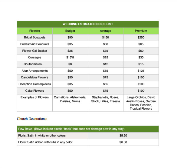 Wedding Decoration Price List