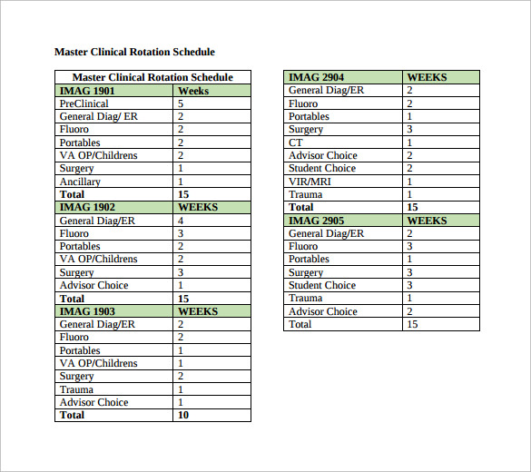 clinical rotational schedule for download