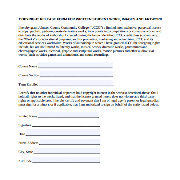 example of artwork release form free download