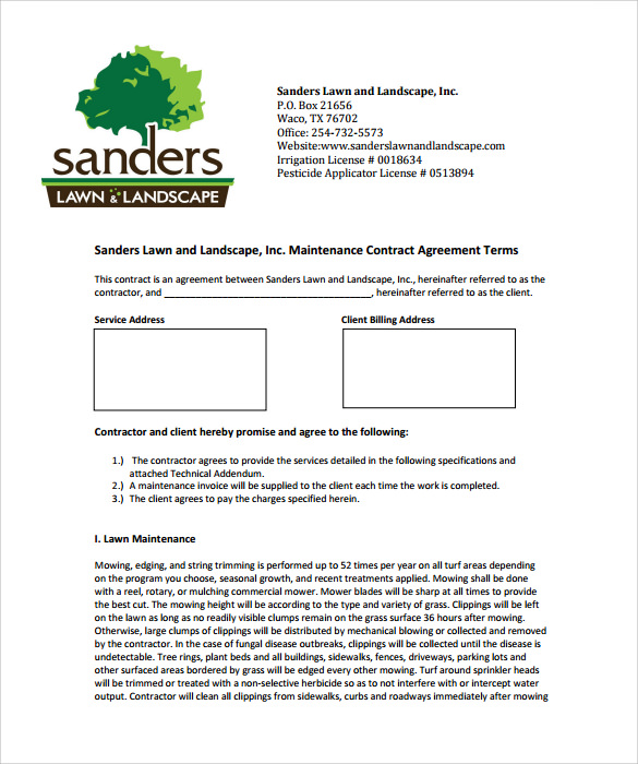 printable lawn service contract template 