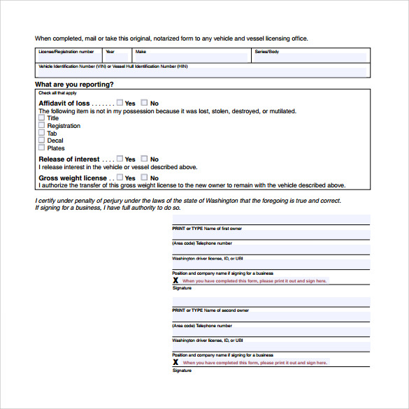 free affidavit of loss release of interest form