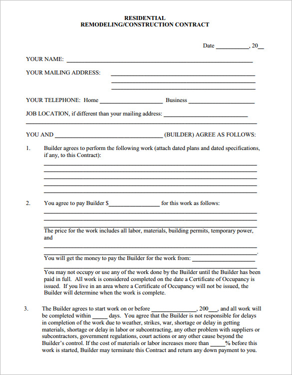 FREE 9+ Home Remodeling Contract Templates in MS Word Apple Pages