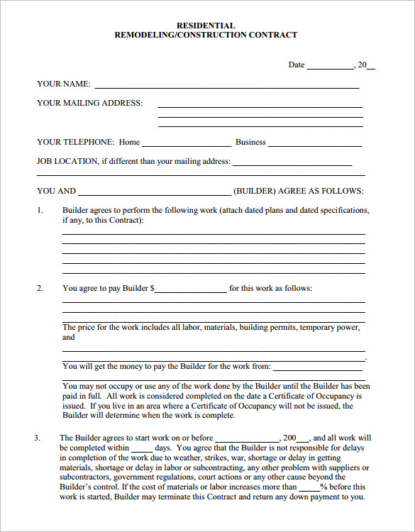 home remodeling contract template format