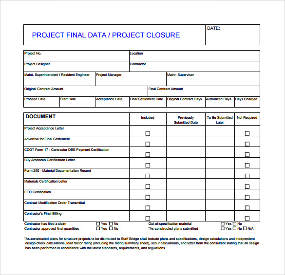 format of project closure template