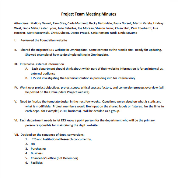 project team meeting minutes template