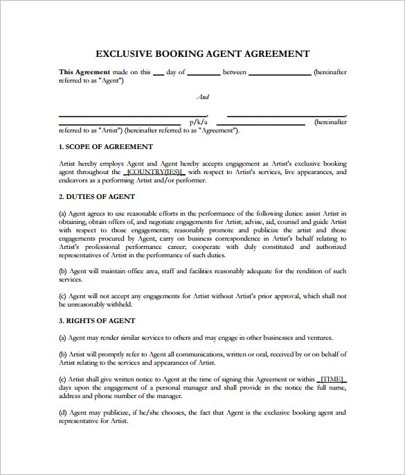 Booking agent contract template pdf