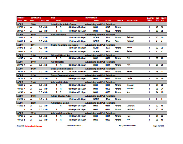 class schedule template