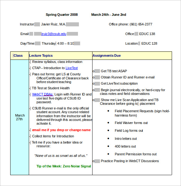 class schedule template in word format