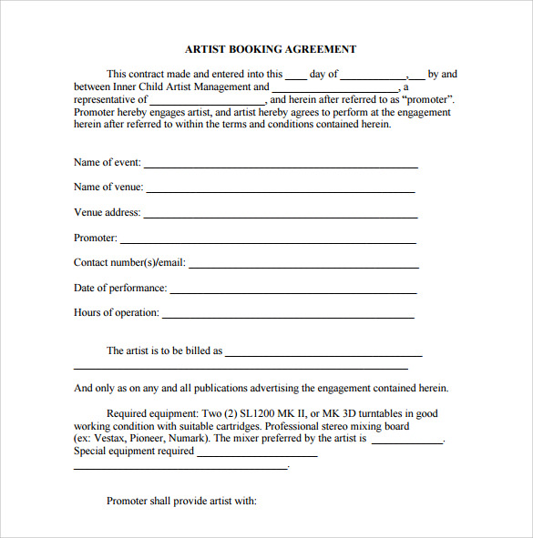 Artist Booking Agent Contract Template