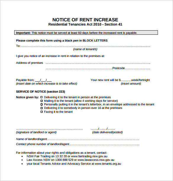 Increase Rent Notice Template