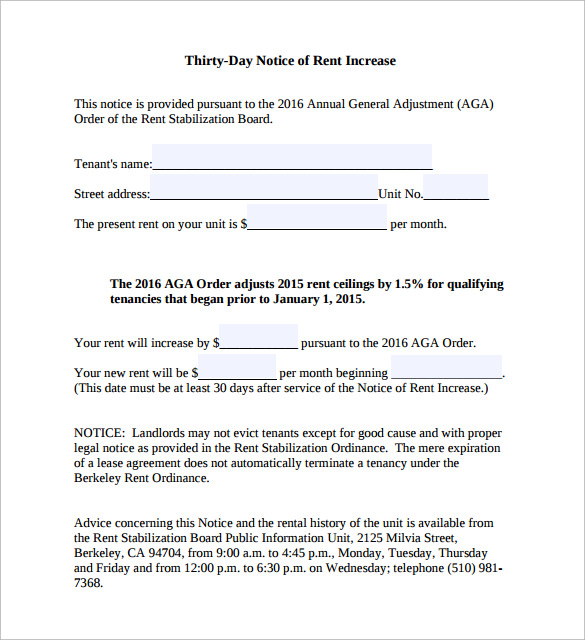 FREE 10  Sample Rent Increase Notice Templates in PDF MS Word