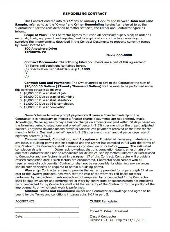 acceptance agreement letter Download 10 to Free for Contract Templates Remodeling