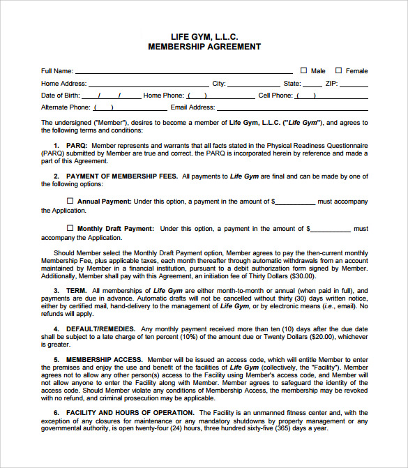 Fitness Agreement Template