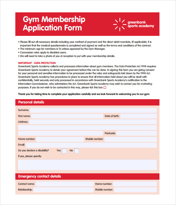 application form for membership club sample 11 Word, Contract  Pages, Gym   Docs Templates