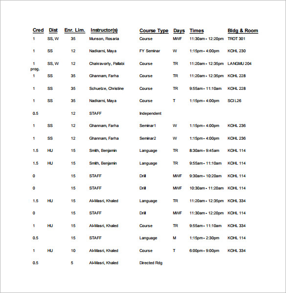 College Class Schedule Blank