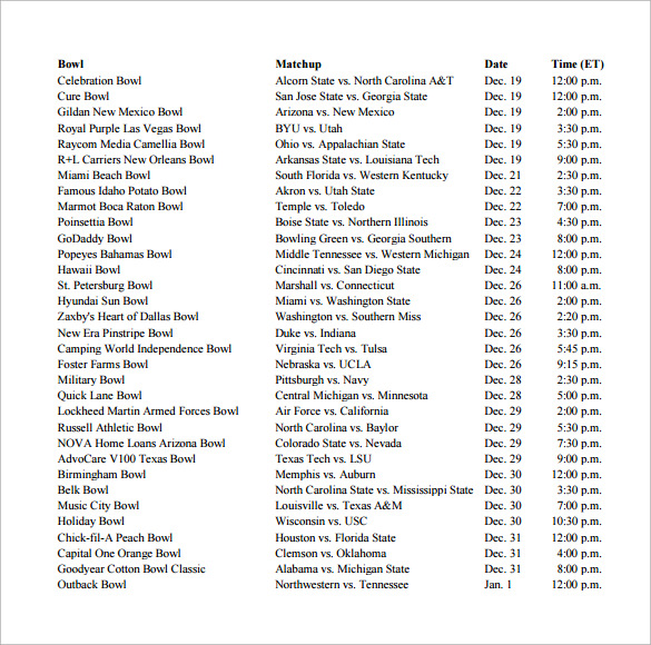 college football schedule template