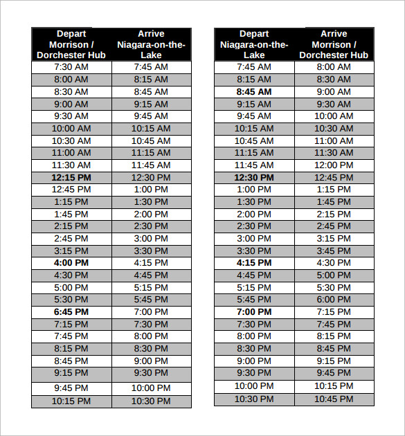 college bus schedule template