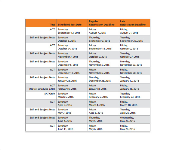 college admission testing schedule template