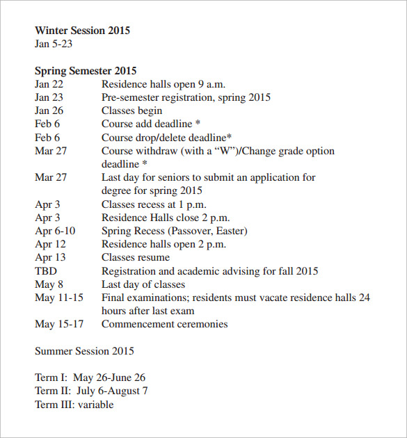 university schedule template sample