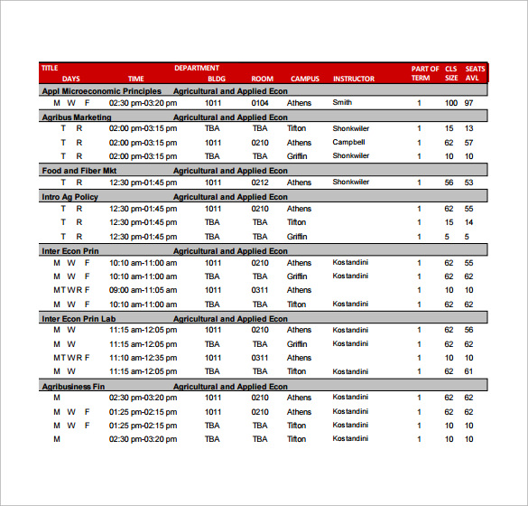 printable university class schedule