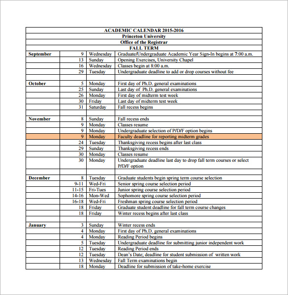 university calendar schedule template