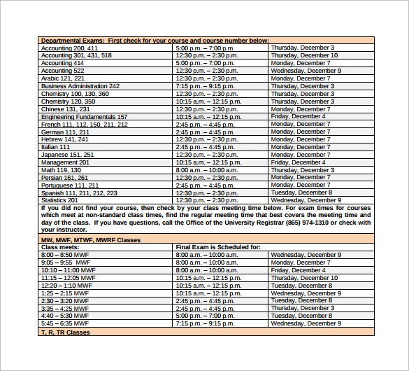 university exam schedule template