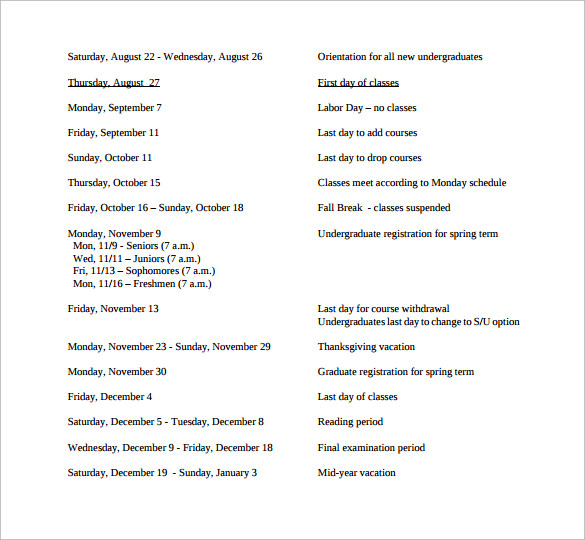 university academic schedule template
