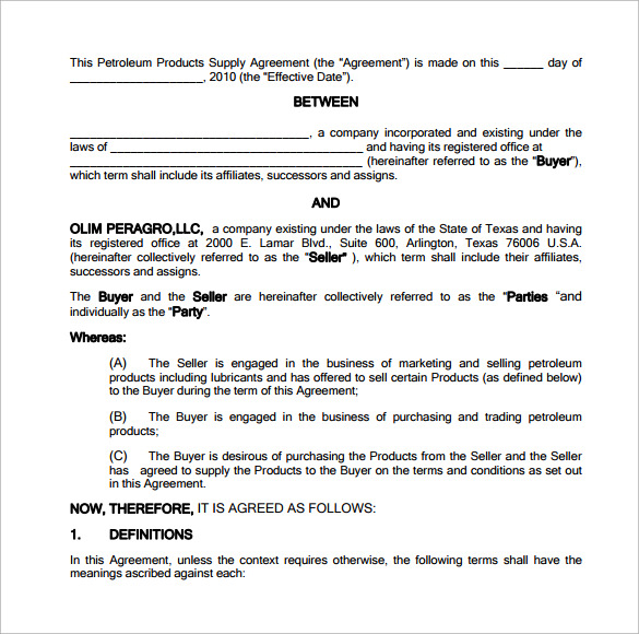 petroleum supply contract template free