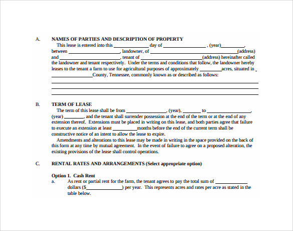 printable land rental and lease form