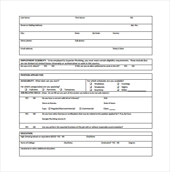plumbing superior service application form