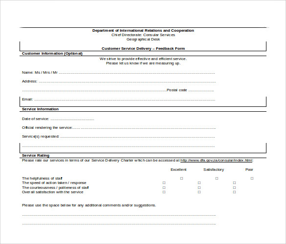 customer service delivery feedback form