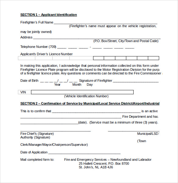 fire department licence plate application form