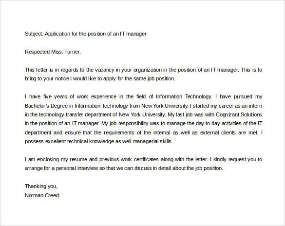 it manager application cover letter word template free download