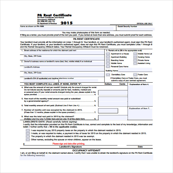 pa rent certificate form
