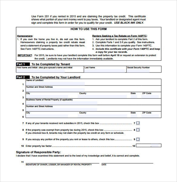 tax rent certificate form