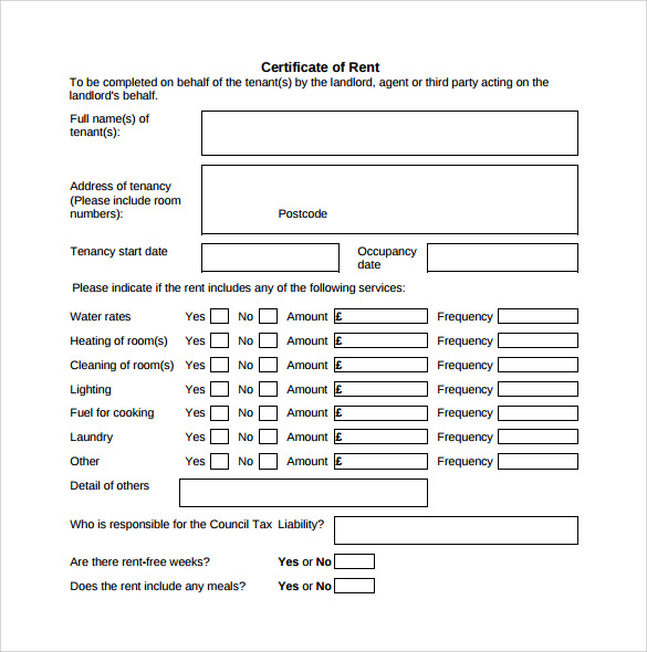 printable rent certificate form