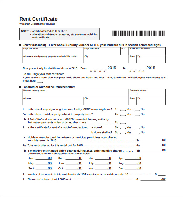 sample rent certificate form free