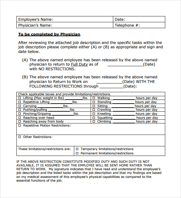 16 Return to Work Medical Form Templates to Download ...