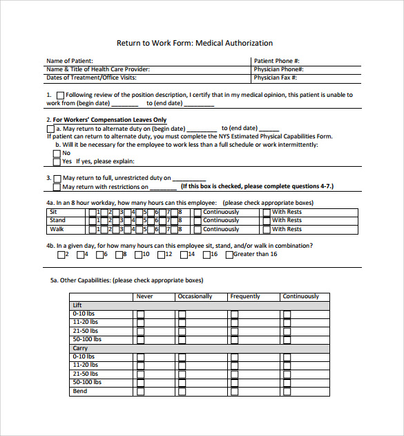 return to work medical authorization form