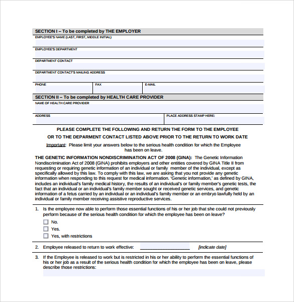 Printable Medical Return To Work Form