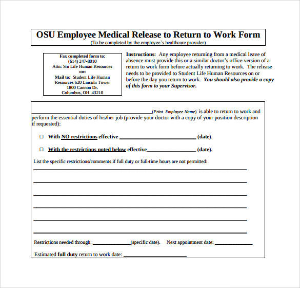 return to work medical evaluation form