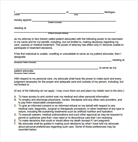 power of attorney form for health care