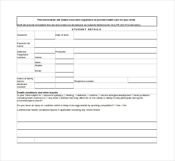 student medical form for excursion