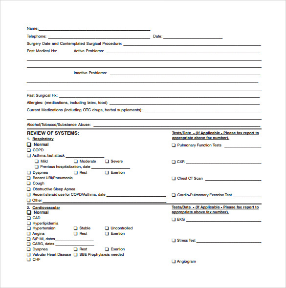 pre surgery medical consultation form