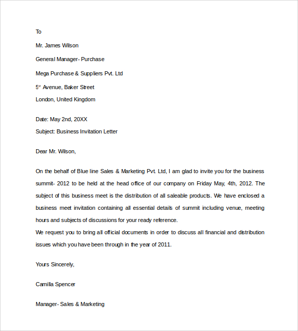 sample business invitation letter