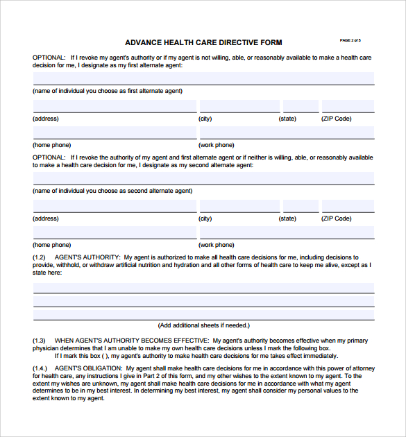 sample advance medical directive form