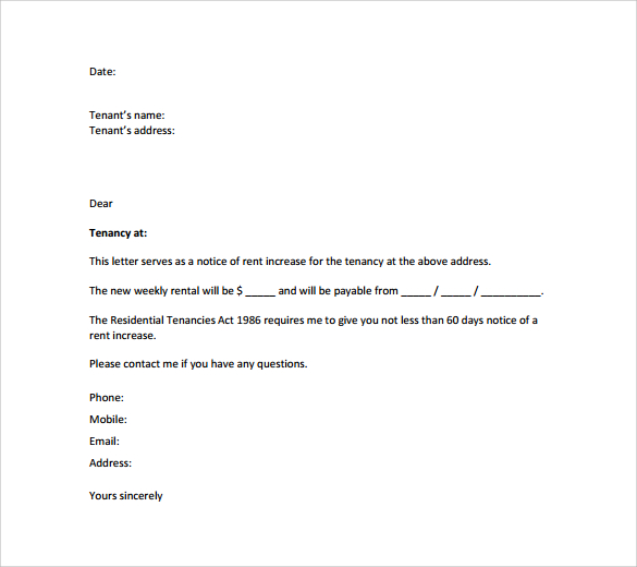 Sample Letter For Rent Increase From Landlord